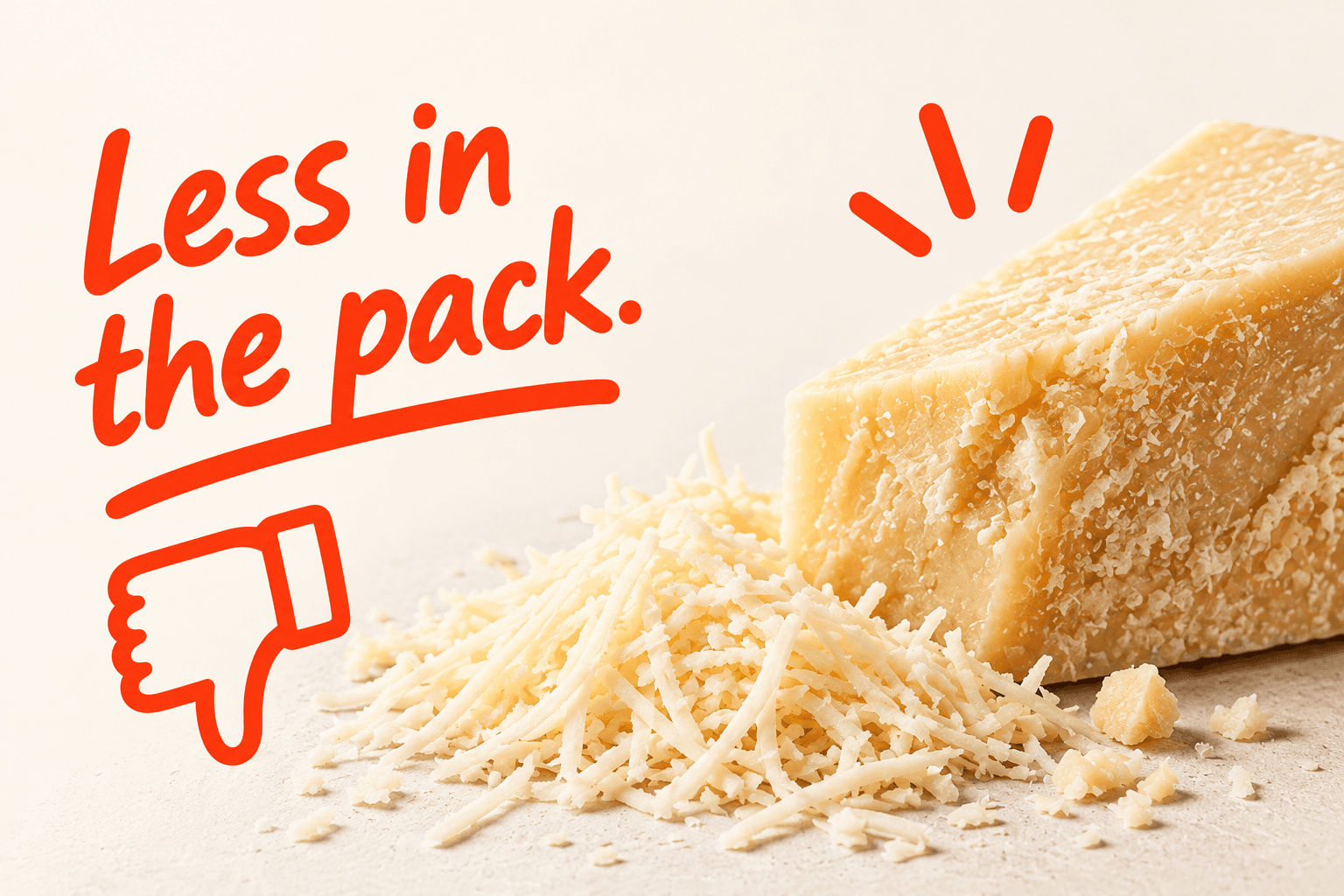 A wedge of parmesan and a pile of grated cheese. Less in the pack.