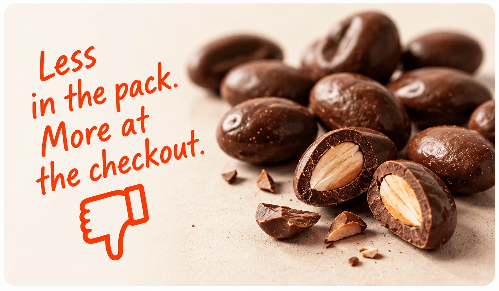 A bowl of chocolate scorched almonds. Less in the pack. More at the checkout.