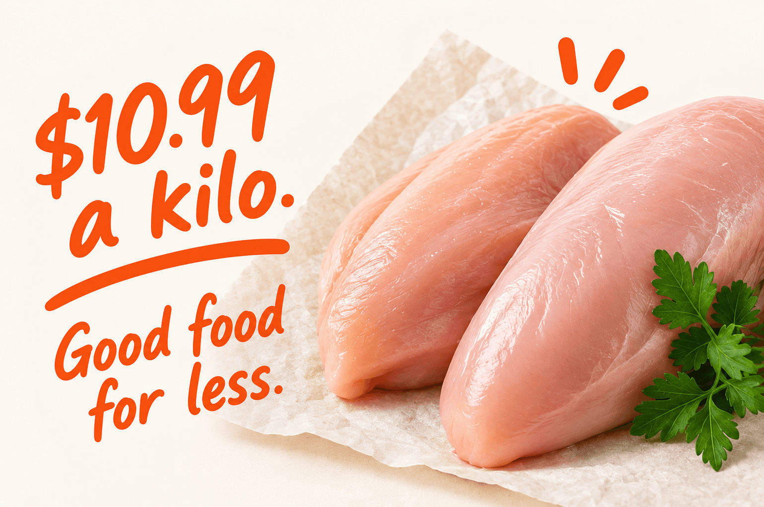 Two chicken breasts on baking paper with parsley. $10.99 a kilo. Good food for less.