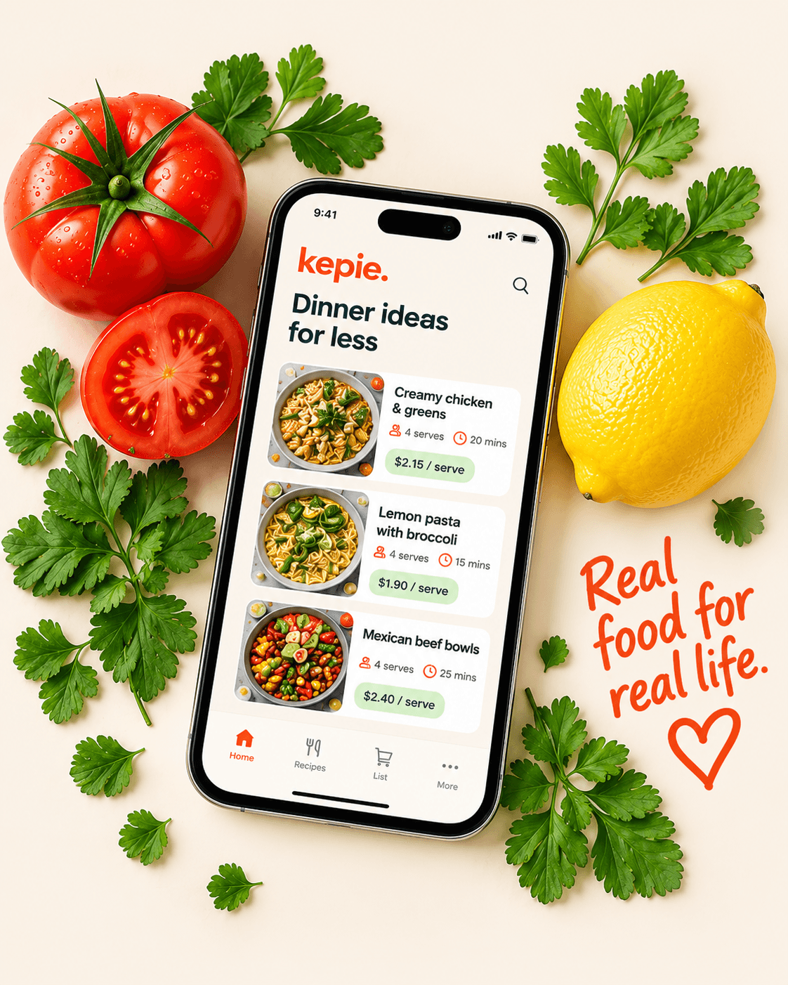 Tomatoes, a lemon and parsley around a phone showing Kepie dinner ideas for less. Real food for real life.