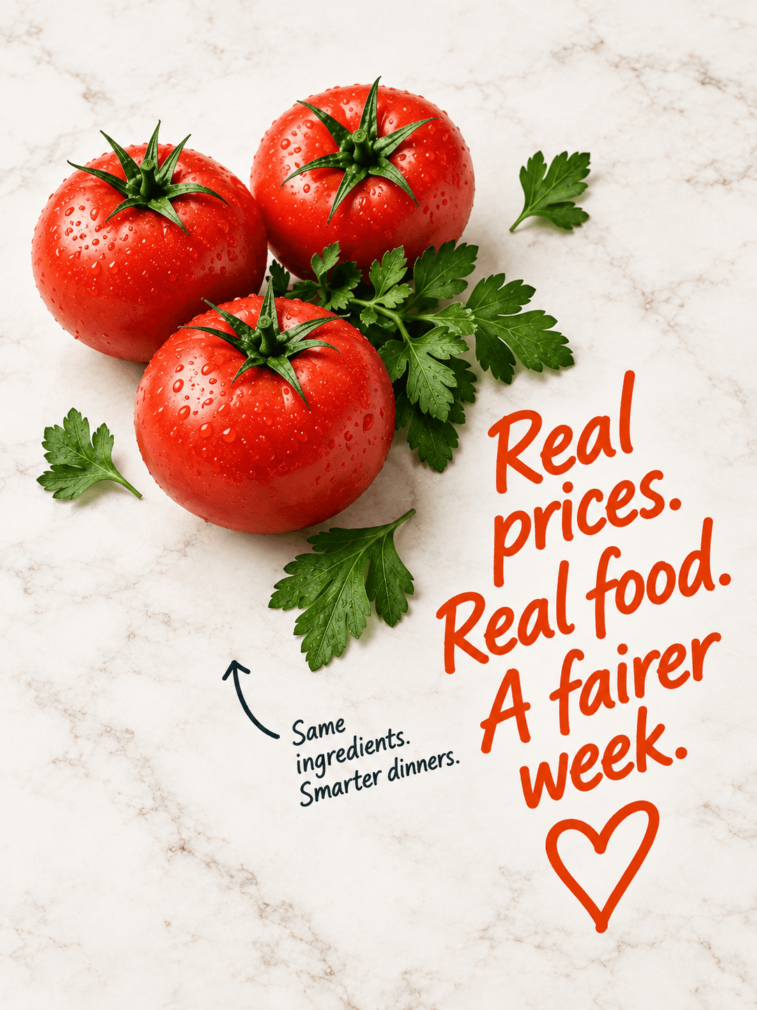 Three tomatoes and parsley on marble. Real prices. Real food. A fairer week.
