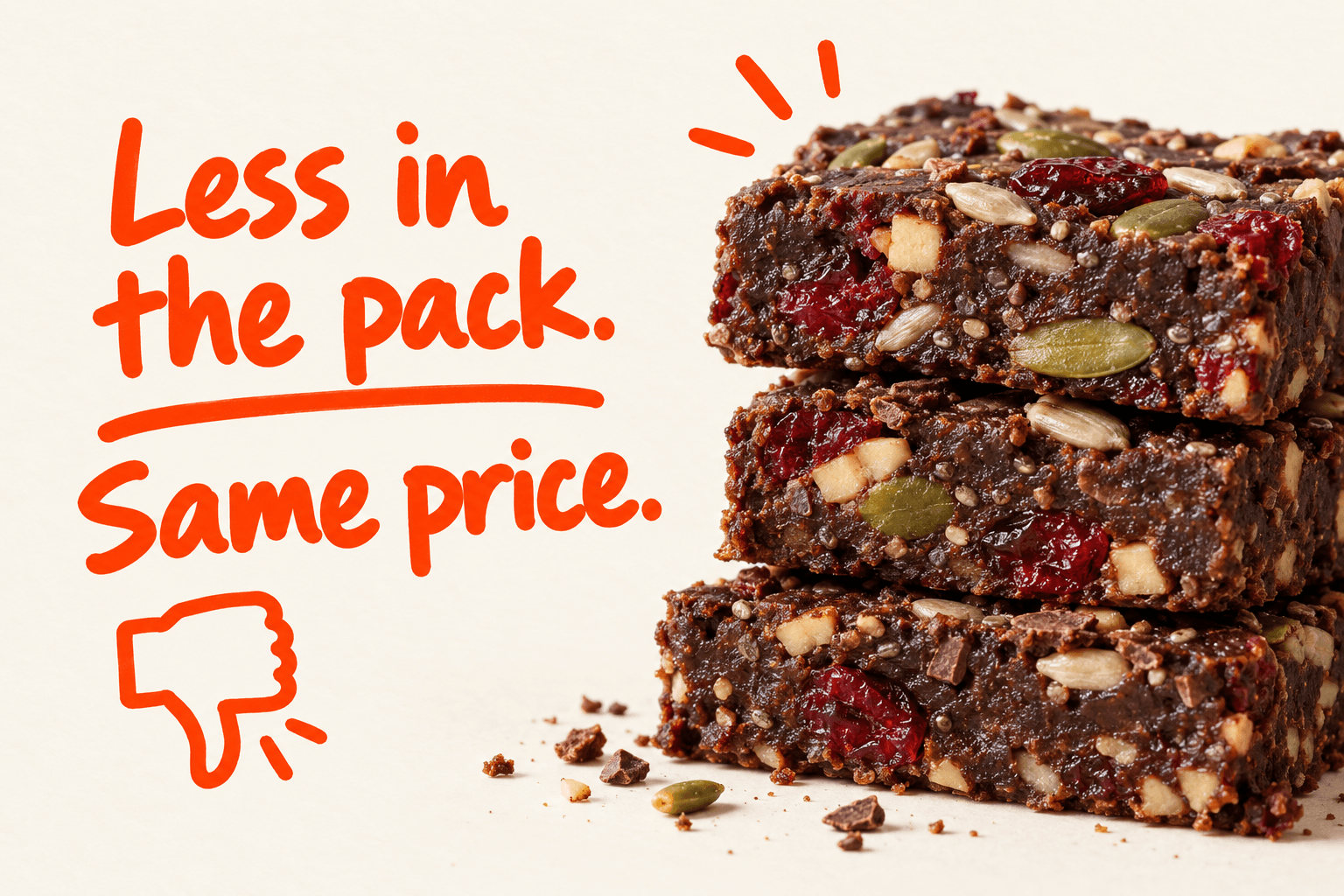 Stacked dark chocolate berry brownie bars. Less in the pack. Same price.