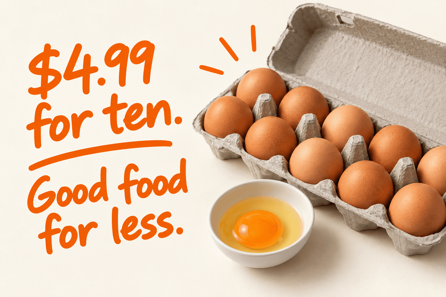 An open carton of ten free-range eggs with one cracked into a bowl. $4.99 for ten. Good food for less.