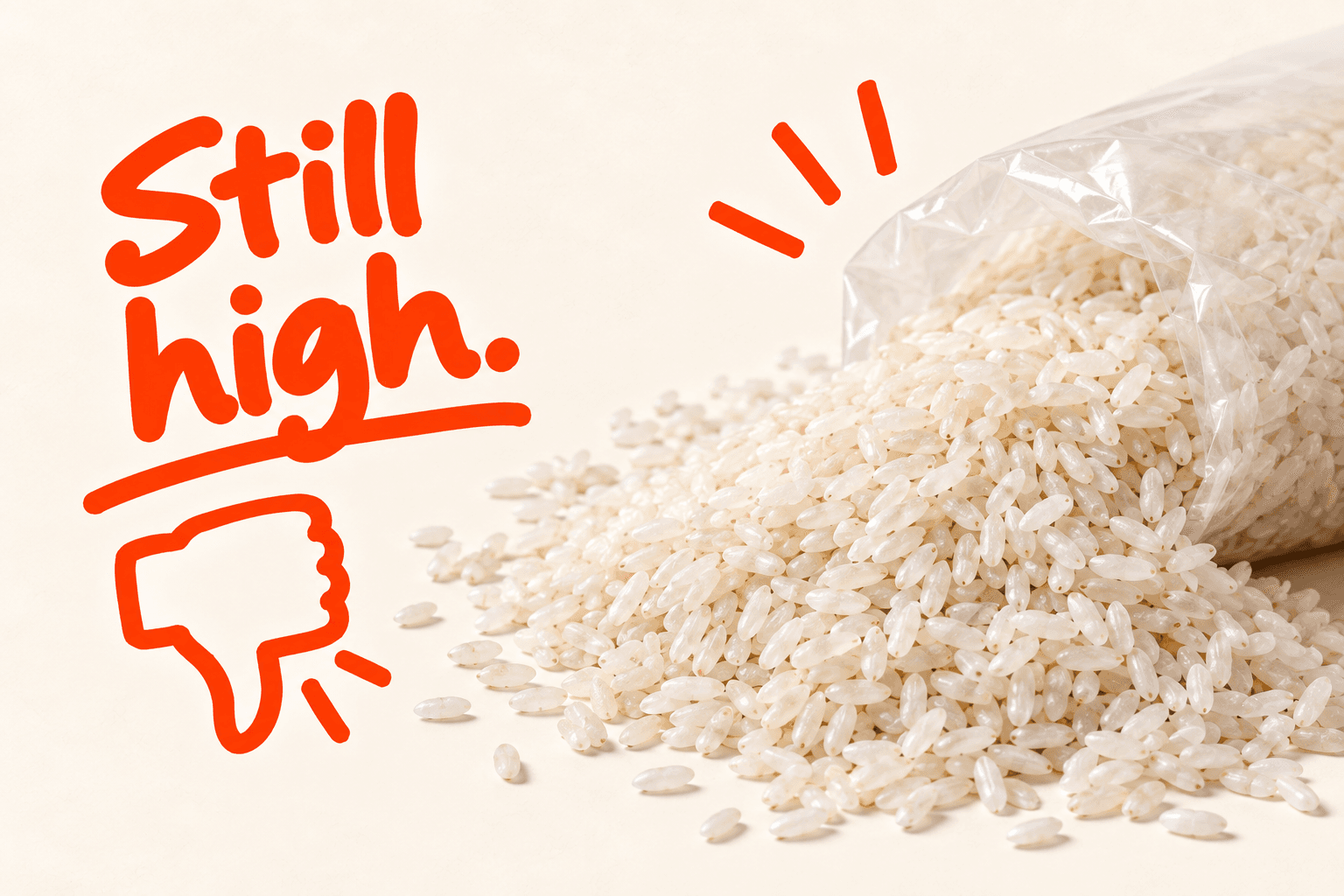 A mound of uncooked white rice spilling from a bag. Still high.
