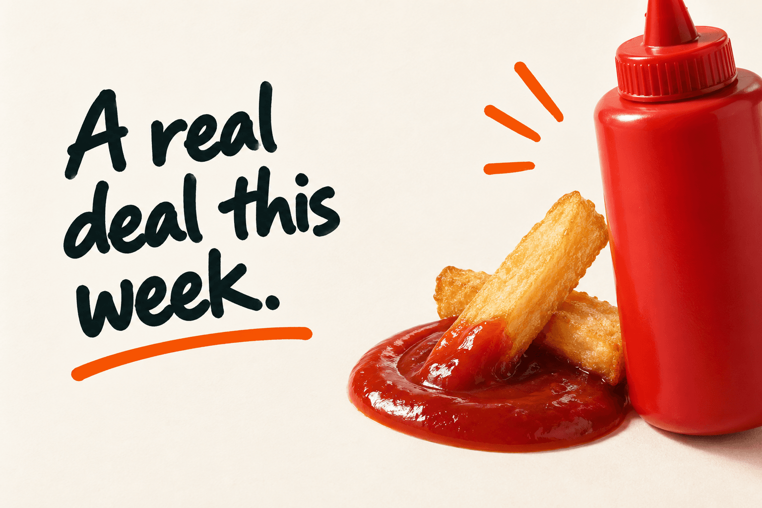 A bottle of tomato sauce with a pool of sauce and two chips. A real deal this week.