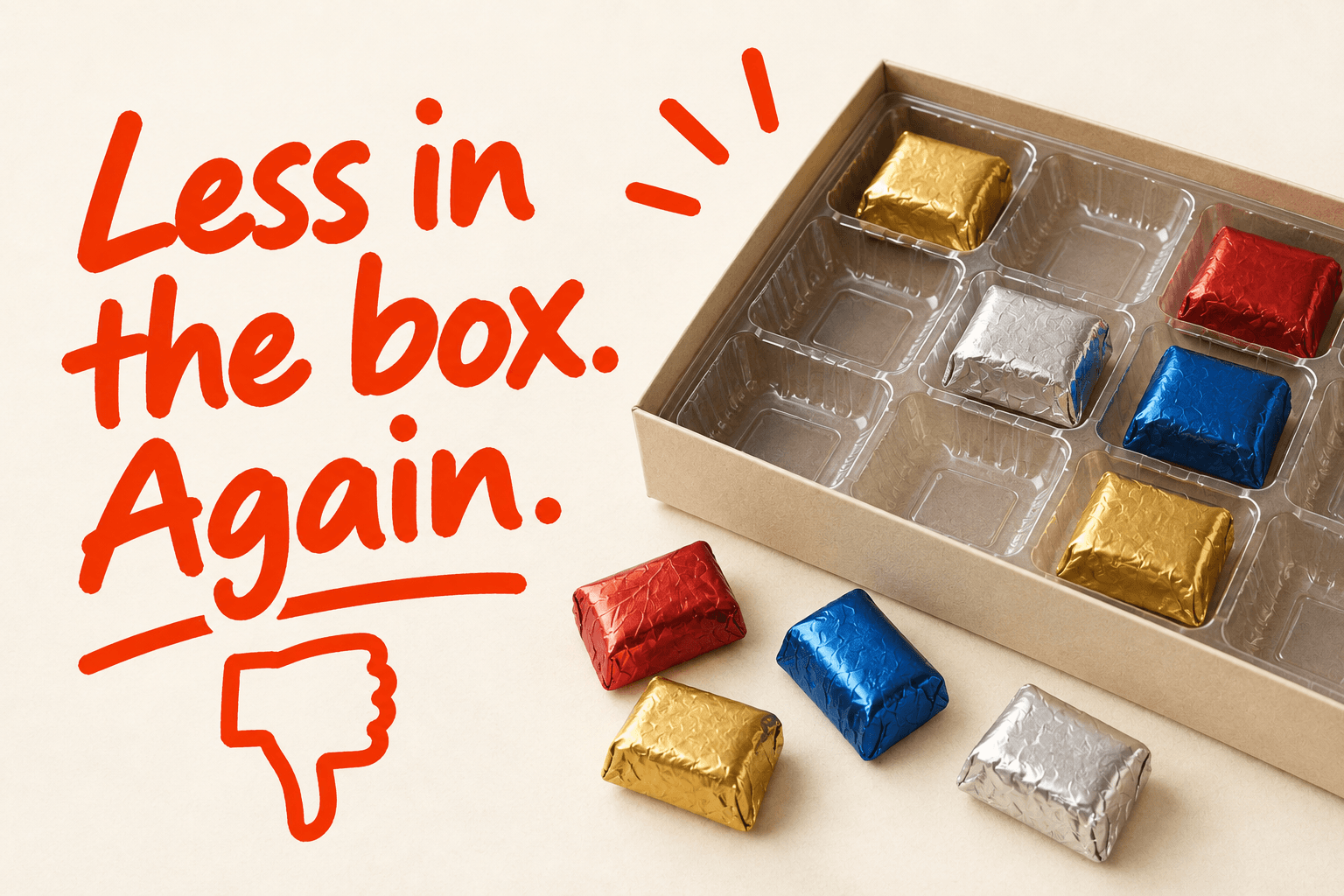 An open box of wrapped mini chocolates with empty spaces in the tray. Less in the box. Again.