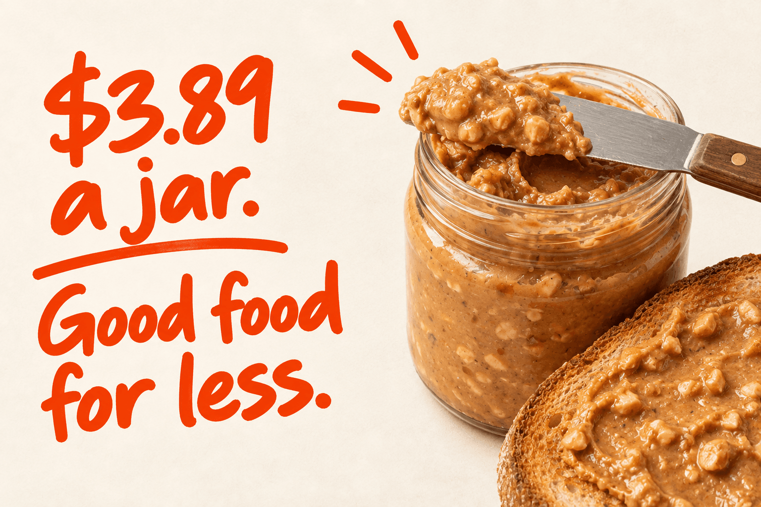An open jar of crunchy peanut butter with a knife and toast. $3.89 a jar. Good food for less.